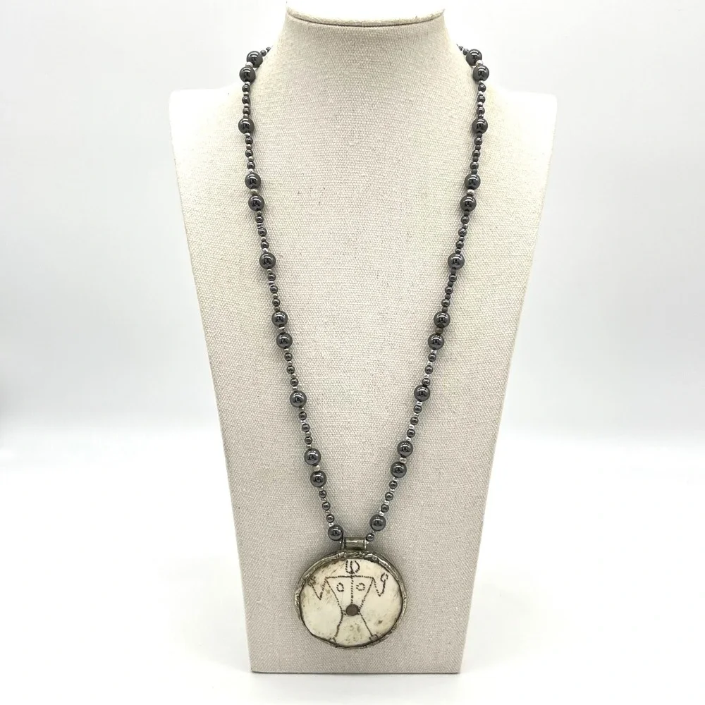 Naga Carved Shell Warrior Pendant Hematite Bead‎ Statement Necklace